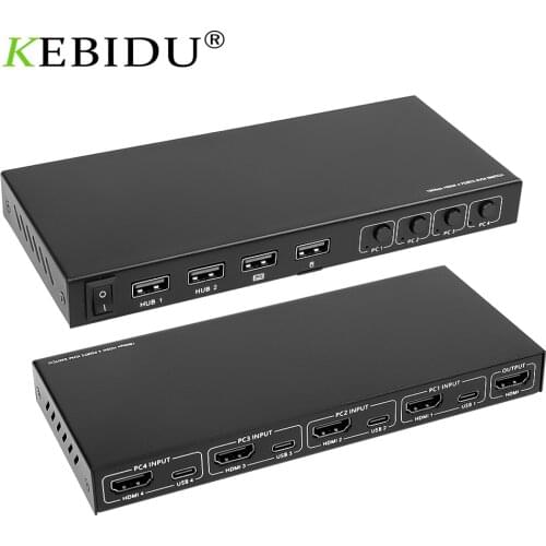 Kebidumei 2/4 Ports KVM Switcher 4 IN 1 Out HDMI-compatible USB Switch Splitter for Sharing Monitor Keyboard Mouse Adaptive