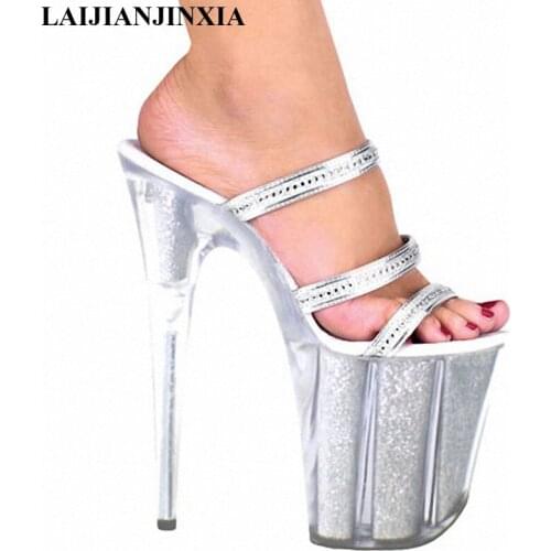 LAIJIANJINXIA Ultra 20CM Crystal Platform Shoes High Heel Sandals Silver Glitter Model Shoes Fashion 8 Inch Platforms Slippers