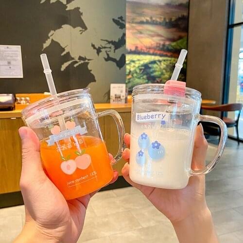 Cute Cartoon Bear Dog Glass Straw Cup Drinkware Creative Strawberry Flower Transparent Milk Juice Coffee Water Mugs With Scale
