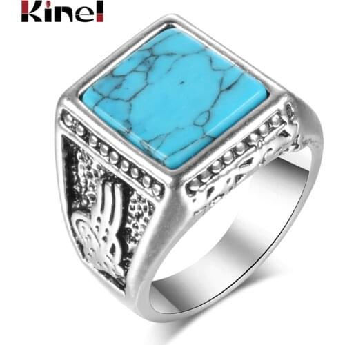 Kinel 2020 Fashion Punk Natural Stone Ring Antique Tibetan Silver Vintage Jewelry Black Finger Ring For Man Aneis Size 7-10