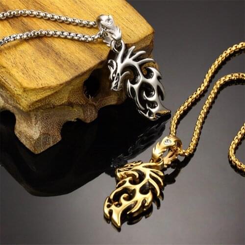 Hot Sale Punk Style Stainless Steel CZ Silver Gold Color Male Dragon Shape Pendant Necklace Men New Fashion Jewelry Necklaces