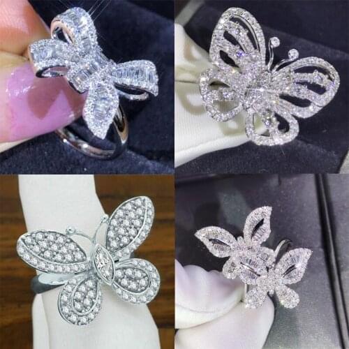 New Design Luxury Shiny Big Rhinestone Zircon Butterfly Ring For Women Wedding Jewelry Accessories