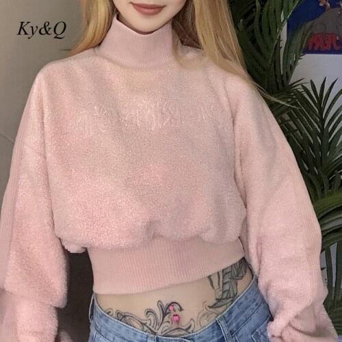 Solid Color Fleece Loose Hoodie Pullover Crewneck Women Winter Turtleneck Pullover Female Plush Warm High Collar Clothing Furry