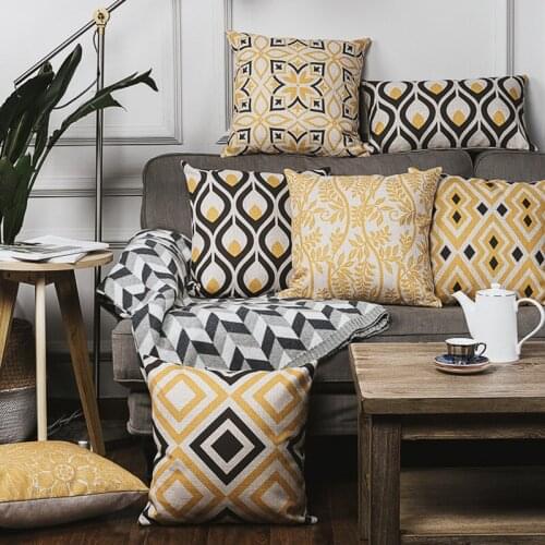 Wholesales Linen Pillow Cover Cushion Cover Vintage Yellow Black Floral Geometric Home Decorative Pillow Case 45x45cm/30x50cm