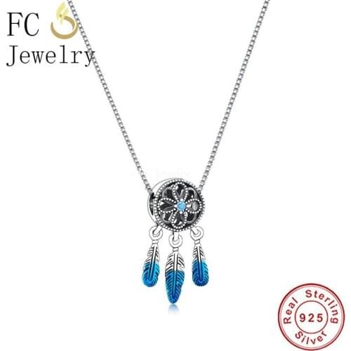 925 Sterling Silver Blue Enamel Follow Your Dreams Dreamcatcher Pendant Necklace For Women Chain Choker Trinket 2021 New Arrival