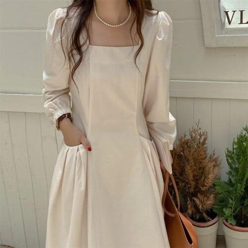 Alien Kitty French Girls Maxi Dress New Square Collar 2021 Solid Pockets Full Sleeves OL Elegant Retro Party Hot Robe Vestidos