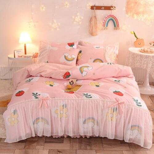 Pink Girl Bedding Four-piece Bed Set Girl Heart Princess Style Pink Duvet Cover Bed Skirt Lace Small Fragrance Fairy Bed Sheet