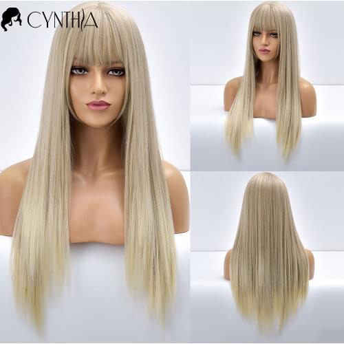 Blonde Long Straight Synthetic Wigs For Black White Women With Bangs Daily Ombre Heat Resistant Gold Colorful Fiber Wig