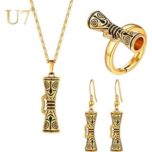 U7 Drum with Smile Face Papua New Guinea Necklaces Earrings Ring sets for Women PNG Jewelry Gold Color Party Gifts S1026