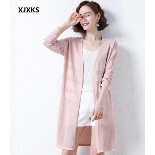 XJXKS Fashion V-neck Women Long Cardigan 2021 Summer New High-end Linen Knitted Thin Women Sun Protection Clothing