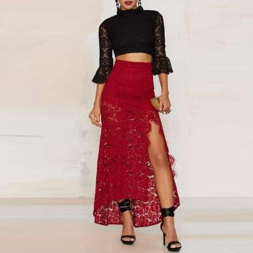 Illusion African Style Red Lace Long Skirts Sexy Side Silt High Low Skirts Invisible Zipper High Waist Women Maxi Skirts