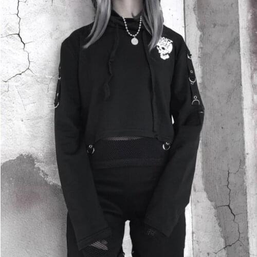 Womens Gothic Short Hoodie Skull Print Long Sleeve Hooded Sweatshirt Fishnet Patchwork Loose Ladies Stylish Pullover Hoodie Top