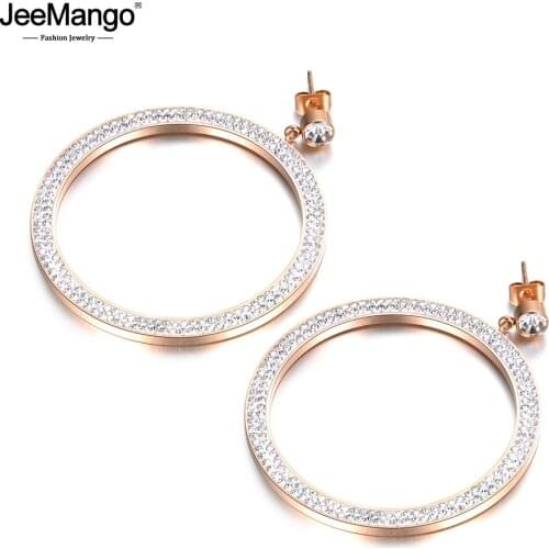 JeeMango Hyperbole Big Circle CZ Crystals Earrings For Women Stainless Steel Jewelry Bijoux Brincos Pendientes Mujer JE18083