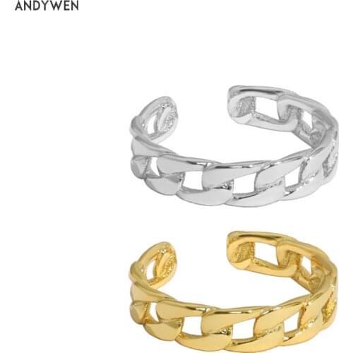 ANDYWEN 925 Sterling Silver Gold Chain Resizable Rings Women Fine Jewelry 2021 Rock Punk Geometric Irregular Jewelry