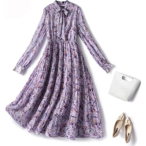 L to 4XL Plus Size 2021 Spring Summer Long Sleeve Floral Purple Chiffon Pleated Dress for Woman