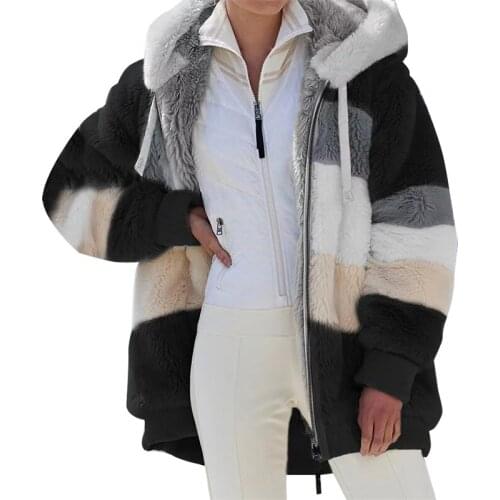 Winter Womens Coat Fashion Casual Stitching Plaid Ladies Clothes Hooded Zipper Ladies Coat Plush Women Jacket 2021 New