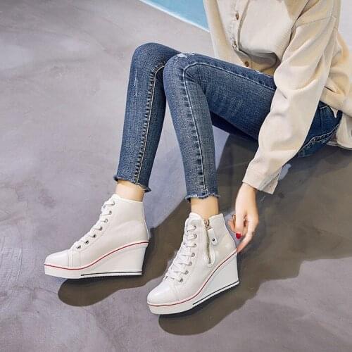 2021 new Korean large canvas shoes women slope heel side zipper 8cm high leisure high top canvas shoes women