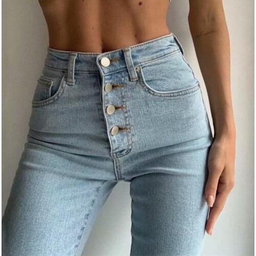 2021 Women Fashion Four Buttons High Waist Skinny Pencil Pants Vintage Slim Jeans Casual Pockets Denim Trousers Tight