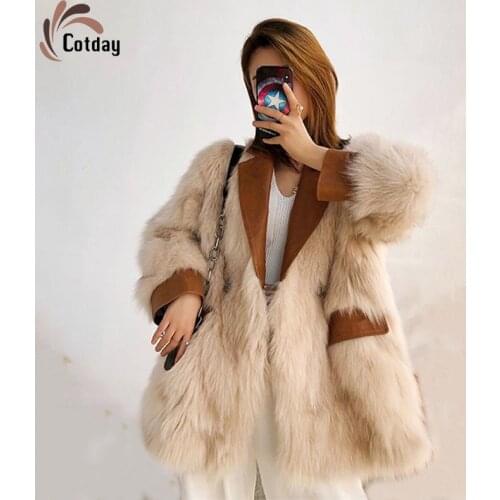 Cotday Imitation Fox Fur Turn-down Collar Womens Single Breasted Winter Fox Fur Autumn Mid-length Stitching Leather Fur Coat