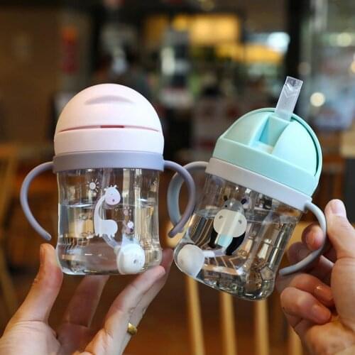 Infant Bottle Children Cartoon Animal Drinking Water Bottle Sippy Cup With Silicone Straw 300ml Double Handle Drinking Cup