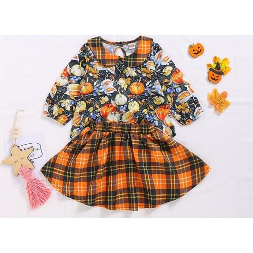 Kids Halloween Outfit, Pumpkin Print Peter Pan Collar Long Sleeves Tops + Plaid Elastic Waist Short Skirt for Girls