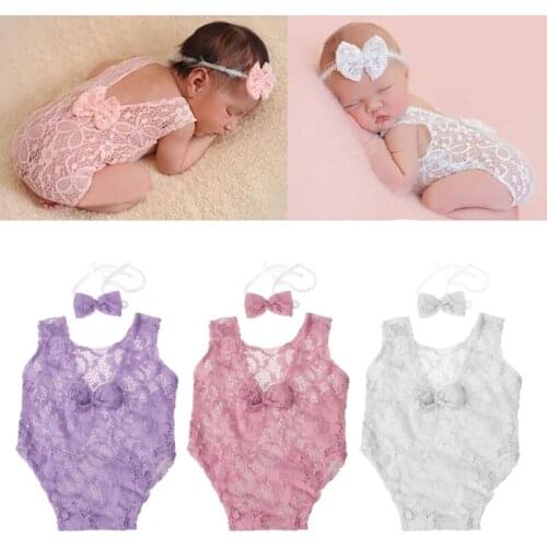 Baby Photography Props Backless Hollow Bowknot Lace Romper Newborn Girls Outfit