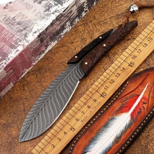 Feather Damascus VG10 Blade Wooden Handle Fixed Straight Knife Tactical Outdoor Camping Logging Hunting Hiking Tool Knife
