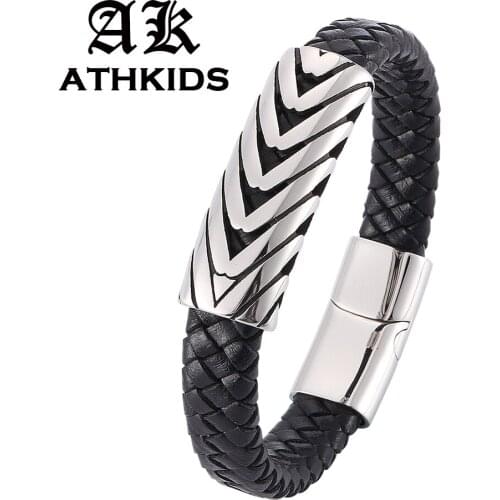 Punk Men Jewelry charm Braided Leather Bracelet Stainless Steel Magnetic Clasps Bracelets Bangles fashion Male Wrist Band PD793