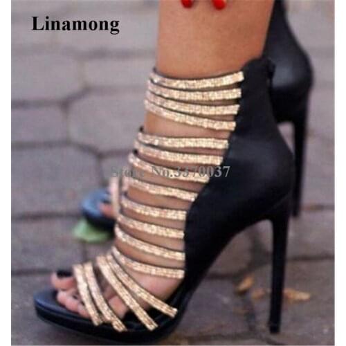 Newest Women Fashion Open Toe Bling Bling Rhinestone Straps Gladiator Sandals Back Zipper-up Stiletto Heel Sandals Dress Shoes