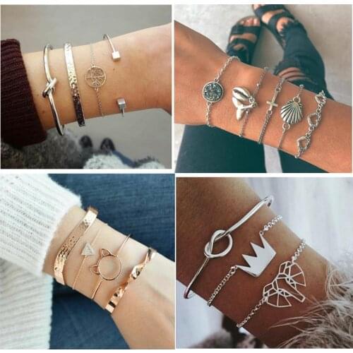 New 4pcs/Set Crystal Open Cuff Bangles/Bracelets Set For Women Gold Silver Color Metal Alloy Arrow Knot Circle Charm Bracelet