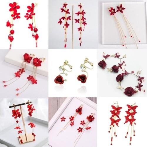 New design Bride sweet Red jewelry Drop Clip earrings with Red flower earrings Bridal Statement earring for Girls gift for woman