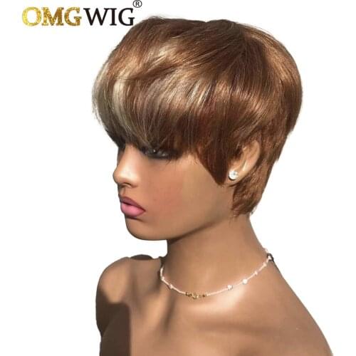 Wholesale Ombre Color Short Wigs For Women Brazilian Human Hair No Lace Front Bob Wig With Bangs Pixie Wig Natural Straight Hair