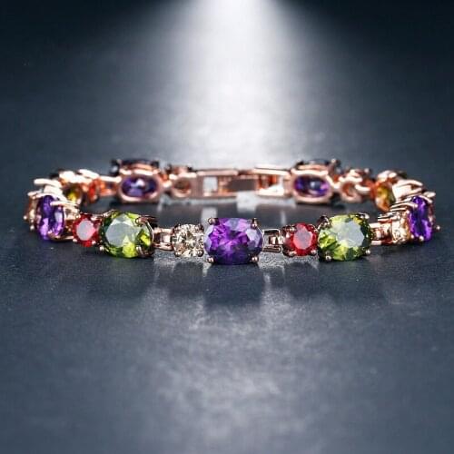 ORZTOON Retro Elegant Colorful Charm Purple Oval Zircon Bracelets for Women Light Luxury Brass Trendy Female Jewelry Party Gift
