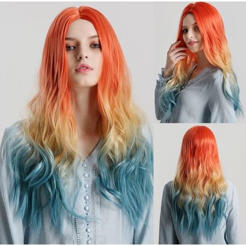 La Sylphide Cosplay Party Wig Long Loose Wavy Root Orange Ombre Yellow Deep Blue Hair Middle Part Synthetic Wigs for Women
