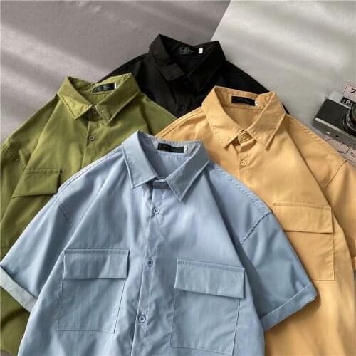 2021 Korean Fashion Men Shirts Solid Pocket Street Tooling Shirt Man Loose Casual Short Sleeve Blouse Top Camisas De Hombre