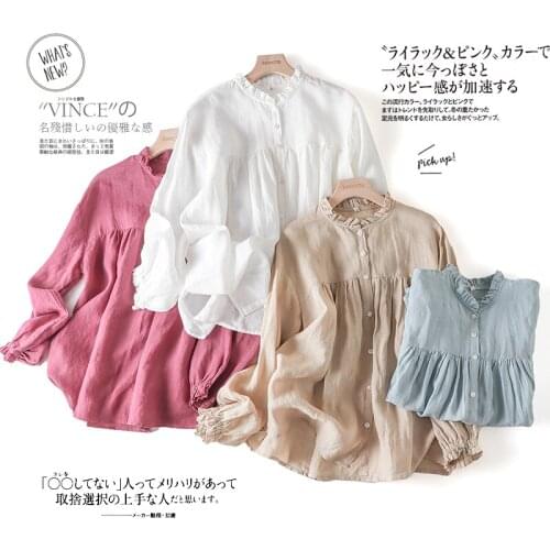 Japanese Spring Autumn New Solid Color Washed Linen Fungus Collar Baby Shirt With Large Hem Loose Wild Literary Blouse Women