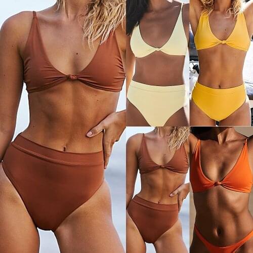 Sexy Solid Triangle Push Up Bikinis Women Brazilian Bikini Set Knotted High Waisted Bathing Suit Bowknot Swimwear Female Biquini