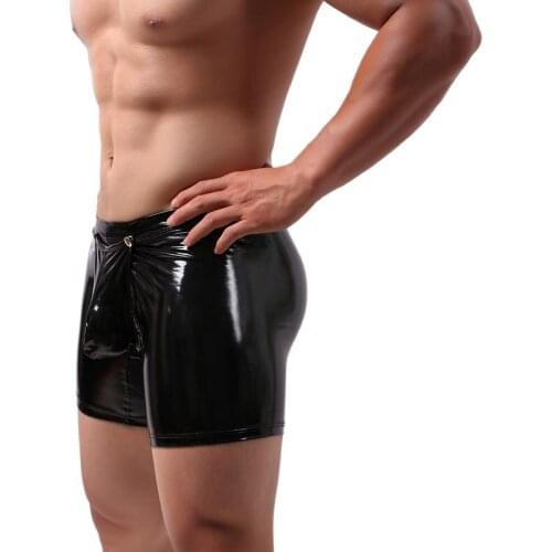 Hot Open Pouch Sexy Men Faux Leather Boxer Shorts Black Underwear Open Butt Erotic Long Leg Man Underpants hombre Jockstrap