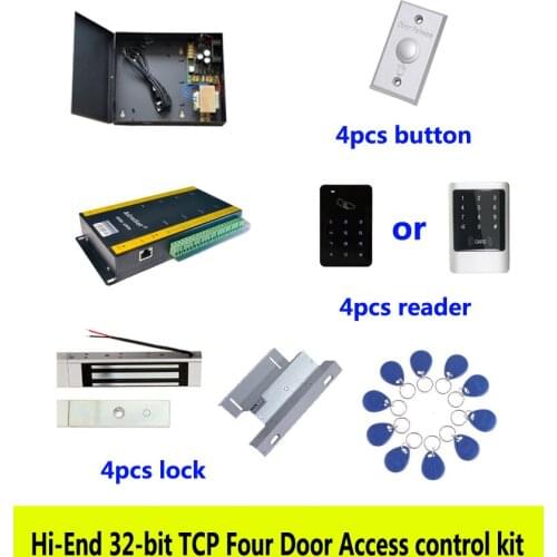 Hi-end access control kit,TCP four door+power+180kg magnetic lock+ZL-bracket+ID touch keypad reader+button+10 ID tag,kit-AT405
