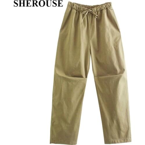 SHEROUSE Women Fashion With Bandage Back Pockets Solid Pants Vintage Elastic Waist Hight-waist Casual Female Trousers Chic Pant