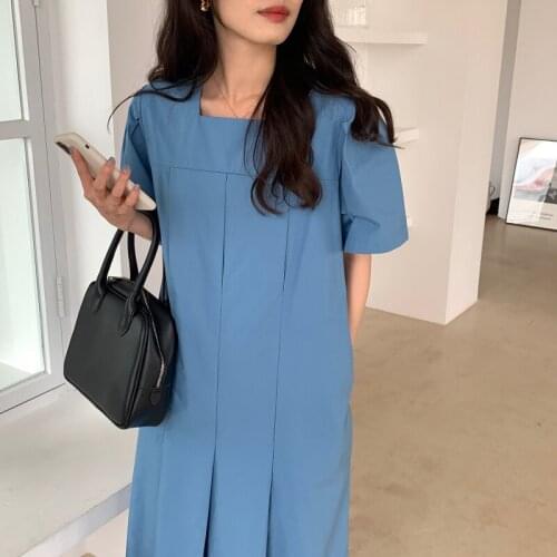 Square Collar Summer Dress Women Korean Elegant Office Lady Party Dress Vintage Long Straight Dress Pleated Loose Simple