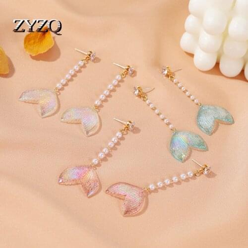 ZYZQ Sweet Multicolour Fishtail Earrings Faux Pearl Crystal Ttassel Earrings Stall Accessories Wholesale