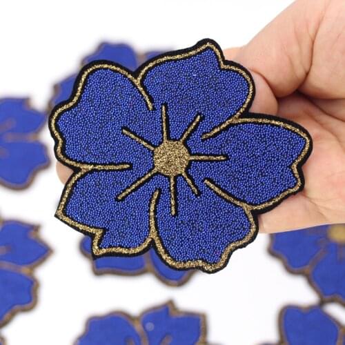 1 Pcs Diy Blue Flowers Patches Embroidery Sequined Full dress Appliqued Bags Stickers Garment Accessories Motif Badge Patch