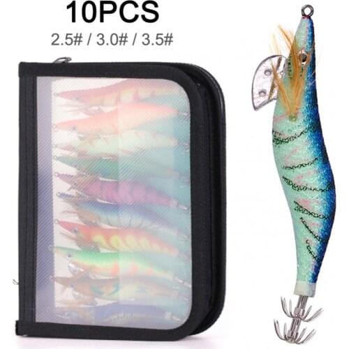 10pcs Squid Bait Hook 2.5# 3.0# 3.5# 12g 14g 19g Wooden Shrimp Jig Fishing Lures Hooks Wood Artificial Luminous Jigging Lure