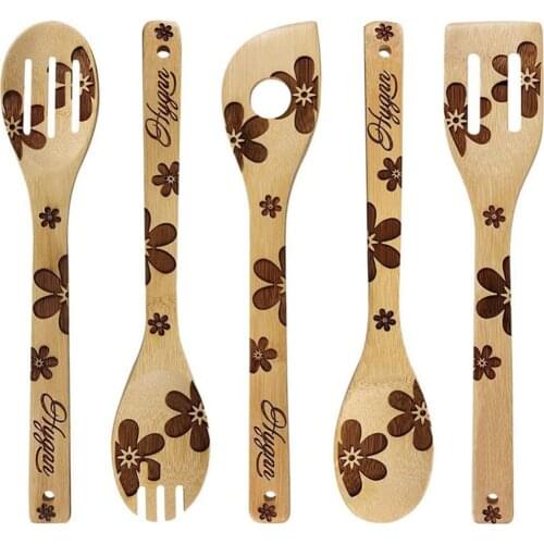 5Pcs Xmas Tree Pattern Tableware Spoon Spatula Laser Carving Elk Bamboo Non-stick Kitchen Items Cooking Utensil