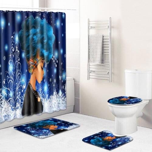 African Girl Shower Curtain/Bath Mat/Toilet Pad Set Anti-slip Toilet Carpet Flannel Bath Mat 4 Pcs Christmas New Year Decoration