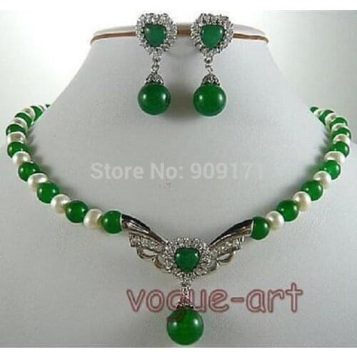 Free Shipping>>Hot sell! 18'' WHITE CULTURED PEARL green stone NECKLACE+pendant EARRINGS set