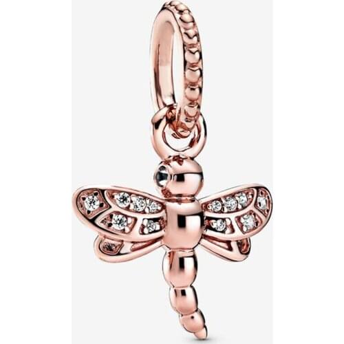 Bewill Spring New Style Rose Gold Shiny Dragonfly Pendant Fashion Trend Dragonfly Necklace Pendant Fit Original Beads Charms