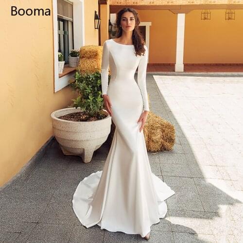Booma Elegant Mermaid Wedding Dresses Long Sleeves Scoop Lace Appliques Bride Dresses Buttoned Illusion Back Trumpet Bridal Gown