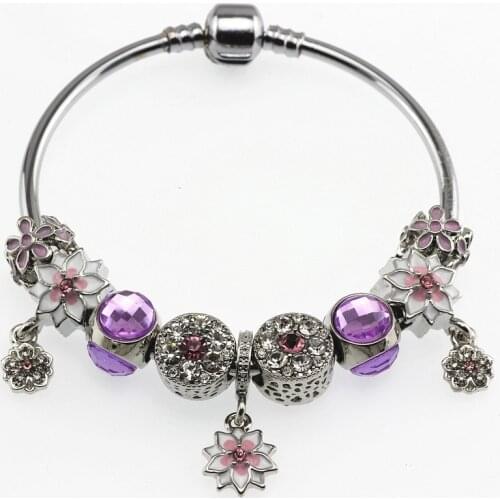 DIY Girls Charm Pan Bracelets Fashion Pendant Charm Bracelet Jewellry For Women Gift peach blossom Beads Grass Charms